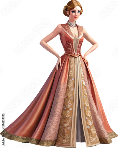 A majestic 3D vector of a royal lady in a beautiful red and gold gown, perfect for fantasy, royal branding, and vintage storytelling visuals.