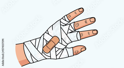 Medical Bandages Wrapped Tightly Around Injured Hand with Adhesive Band Aid Applied for Protection and Healing
