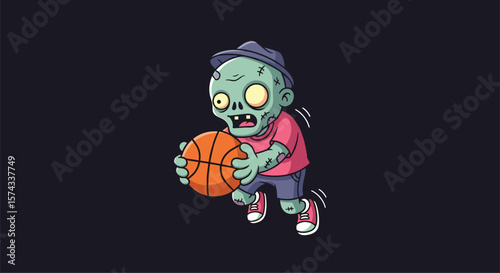 Pixel Art Zombie Playing Basketball with a Focused Expression on a Dark Background