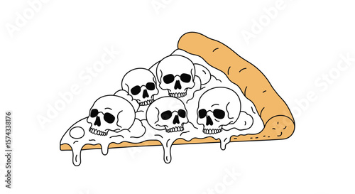 An Artistic Rendering of a Deliciously Horrifying Pizza Slice Adorned with Skulls and Dripping Cheese for a Thrilling Culinary Experience