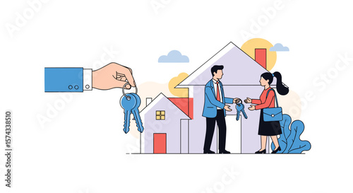 Real Estate Agents Handing Over House Keys to Happy New Homeowners in Front of Their Dream House
