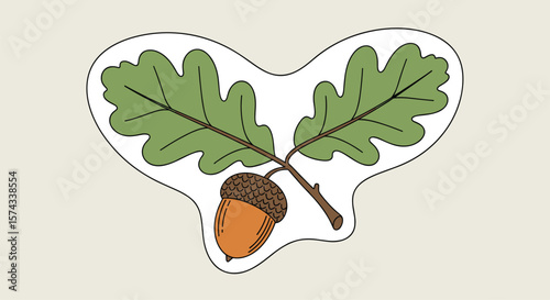 Stylized Autumn Oak Leaves and Acorn Illustration Featuring a Whimsical Organic Design with Dashed Edges