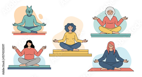 Diverse individuals practicing meditation and mindfulness in a peaceful setting promoting well-being and tranquility