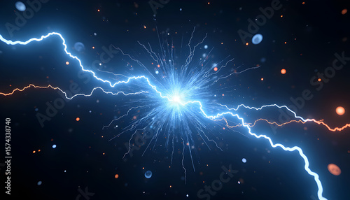 Electrical Symphony: A breathtaking visual display of electrical energy erupts in a stunning interplay of light and force, as bolts of blue and orange lightning converge at a central point.