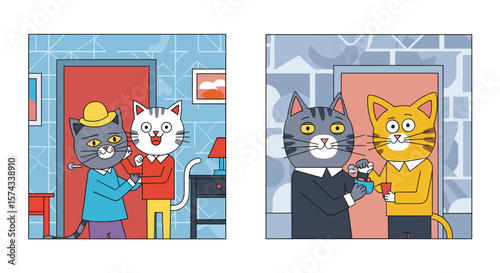 Two Artistic Illustrations Depicting Adorable Anthropomorphic Feline Characters Engaging in Playful Social Interactions and Celebrations