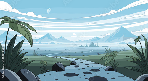 Pixelated alien landscape with a meandering river leading towards distant hazy mountains under a pale blue sky filled with fluffy clouds and a faint moon overhead