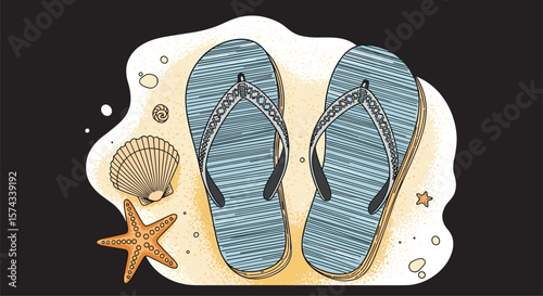A Pair of Blue Patterned Flip Flops Resting on Sandy Beach with Seashells and Starfish in a Refreshing Ocean Water Splash