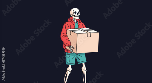 Skeleton character wearing a red jacket and blue shorts holding a large cardboard box with a determined expression on its face against a dark background