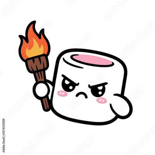 Cute Angry Marshmallow Holding Burning Torch Cartoon Illustration
