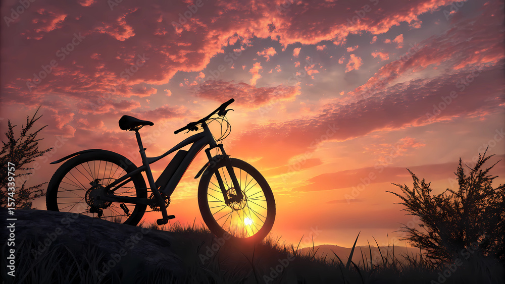 Fototapeta premium Electric mountain bike silhouette at sunset for outdoor adventure and cycling enthusiasts photography