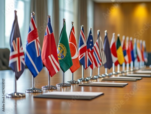 selective focus collection of national flags and documents on table