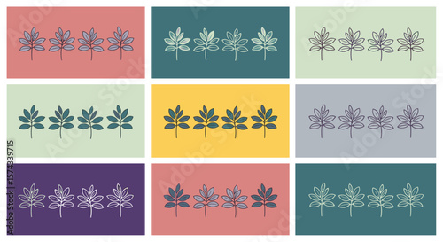 collection of nine decorative abstract illustrations featuring stylized botanical elements in a symmetrical arrangement on colorful backgrounds