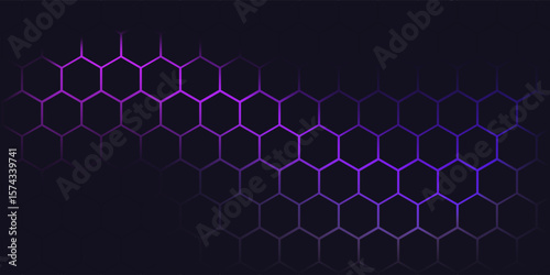 Dark hexagon abstract technology background with purple and pink colored bright flashes under hexagon.