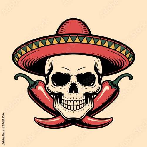 Skull with Sombrero and Chili Peppers Mexican Style Illustration