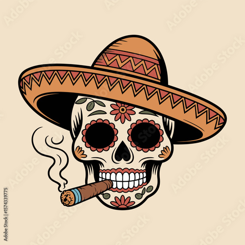 Sugar Skull with Sombrero and Cigar Vintage