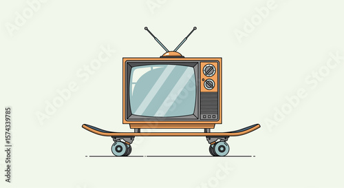 Retro television set perched atop a skateboard in a pixel art illustration