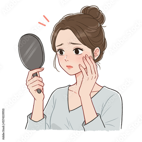 Young Woman Examines Her Face in Mirror Concerned About Skin Condition and Texture Showing Redness and Unevenness on Her Cheeks with Her Hand Touching Her Skin Gently to Assess the Problem