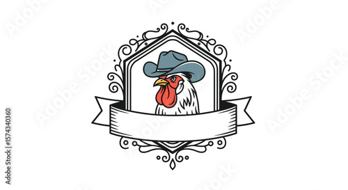 Rustic Rooster Wearing a Cowboy Hat Emblem with Ornamental Border and Blank Banner