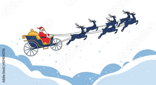 Santa Claus riding in a horse drawn carriage pulled by reindeer through the winter sky delivering presents to children around the world on Christmas Eve