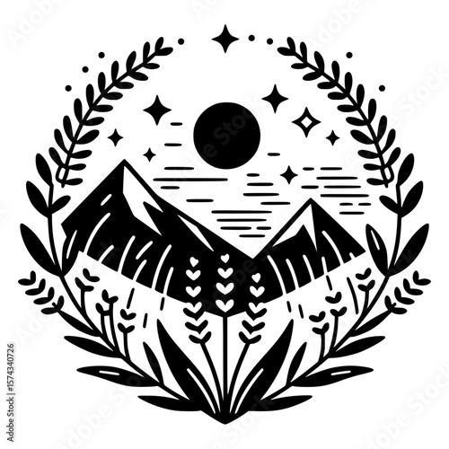 Minimal black and white icon of lavender sprig, isolated medicinal herb illustration for herbal product packaging, natural cosmetics, and botanical branding