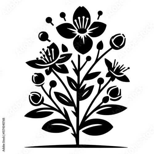 St. John’s Wort line art icon in black and white, minimalist medicinal plant symbol for organic supplements, herbal medicine design, and eco-friendly labels