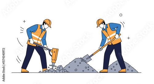 Construction workers performing road maintenance and repair using heavy machinery and hand tools for a successful project