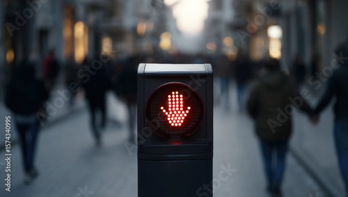 A red pedestrian stop signal with a hand icon is prominently displayed on a city street, with blurred pedestrians and buildings in the background.