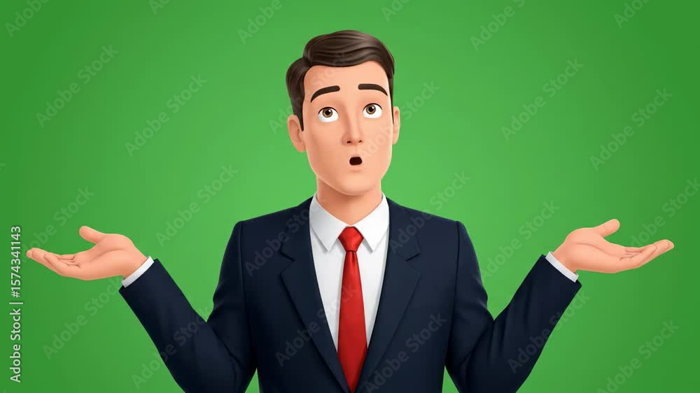Cartoon man in suit with palms up surprised expression against a green background Cartoon man in suit with palms up surprised expression against a green background