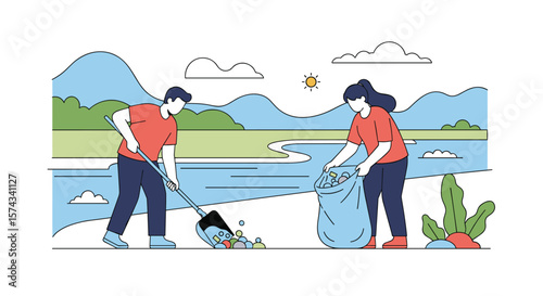 Two people cleaning up a park area by a river picking up trash and putting it in a bag for a cleaner environment
