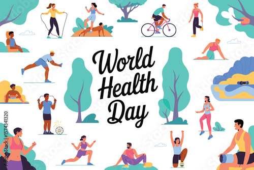 World Health Day Showing People Jogging, Biking, and Practicing Wellness with Motivational Quotes About Health, Fitness, and Mental Wellbeing