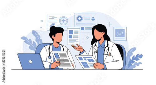Two medical professionals discussing patient charts and diagnostic reports during a clinical consultation session in a modern healthcare setting