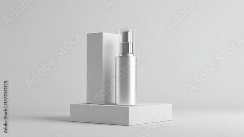 Sleek and modern cosmetic bottle displayed on minimalist pedestal, showcasing clean and elegant design. silver finish reflects light beautifully, enhancing product appeal