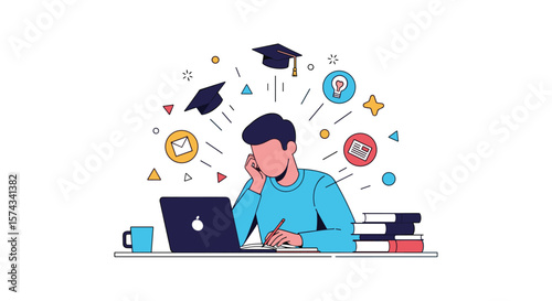 Student learning online with laptops books and graduation caps floating around their head symbolizing education and knowledge acquisition