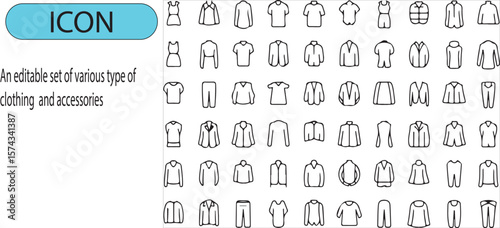 A set of various types of clothing and accessories line art icon.