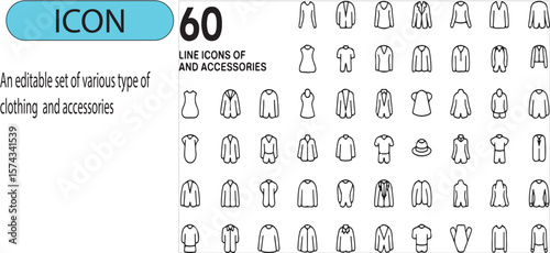 A set of various types of clothing and accessories line art icon.