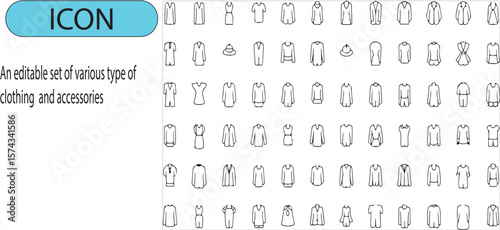 A set of various types of clothing and accessories line art icon.