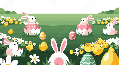 Celebrate Easter with Cute Bunnies Chicks and Decorated Eggs in a Beautiful Spring Meadow