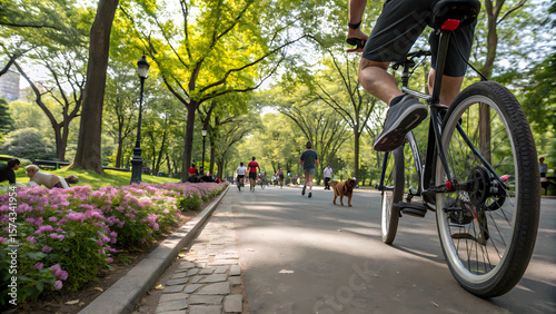 Fototapeta Naklejka Na Ścianę i Meble -  Cycling in central park new york city bike path summer activity outdoor recreation healthy lifestyle scene
