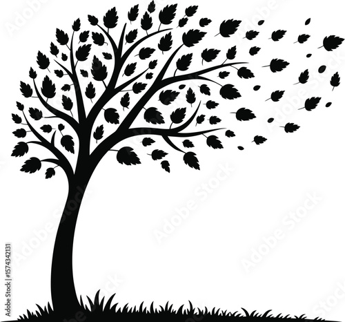 Black tree with falling leaves silhouette