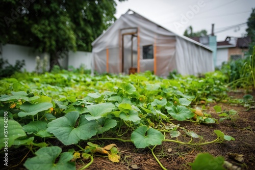 The pumpkin vines spread across the garden fabric, suppressing the growth of weeds, while a greenhouse stands in the background.