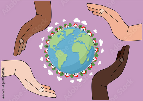 Diverse hands protecting the planet Earth with homes and trees around it. Global community and social responsibility concept for environmental care.