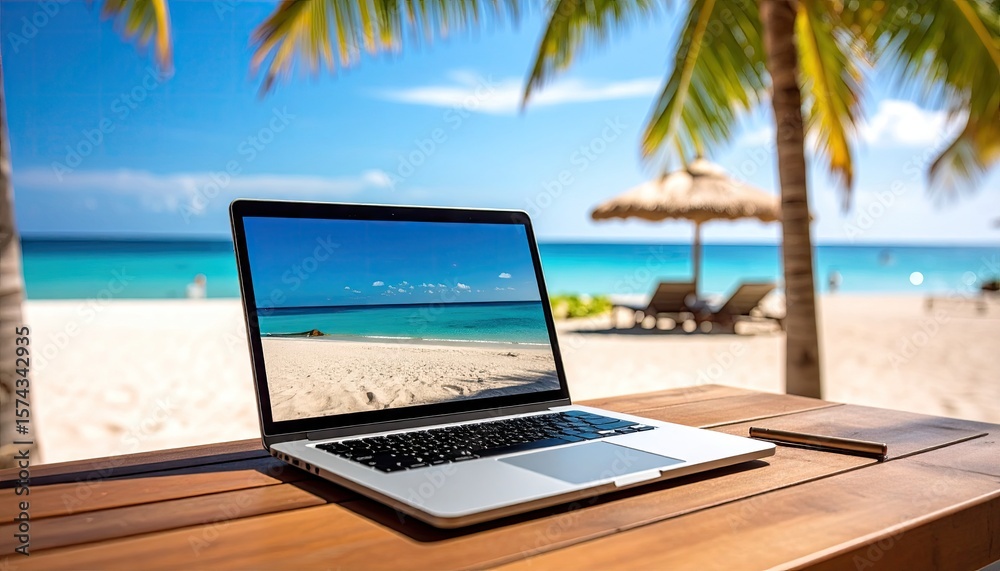 Laptop on beach table Laptop on beach table