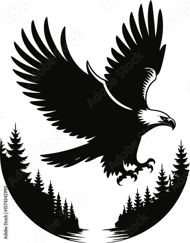 Eagle soaring over pine forest bird flying