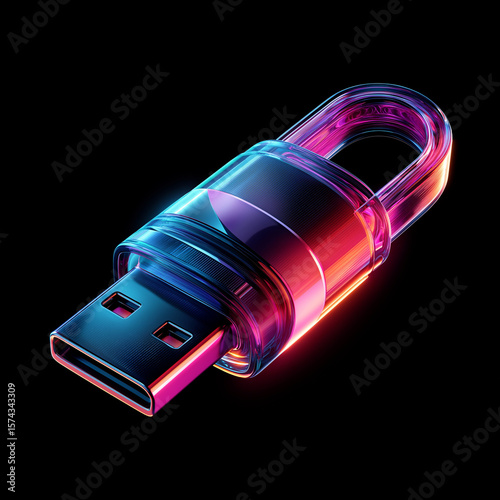 USB flash drive with bright neon light reflections, portable data storage device in high-tech holographic style