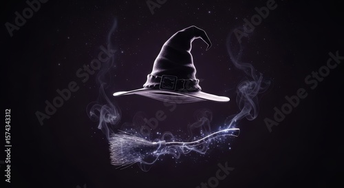 Witch Hat Floating Above Glowing Broomstick