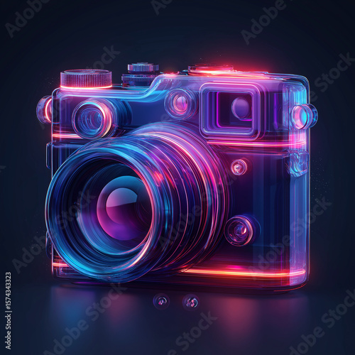 Retro camera in neon cyberpunk colors with glowing lens, vintage photography gadget in futuristic digital style