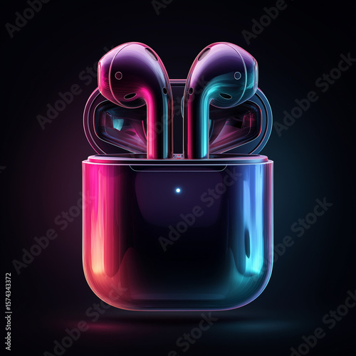 Wireless earphones in neon holographic style inside charging case, futuristic music gadget on black background