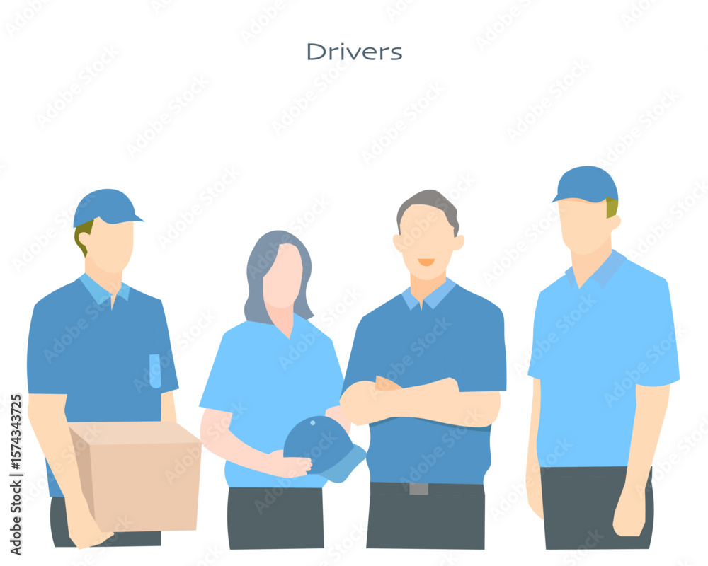 Obraz premium group of workers-Clip art business image of truck driver truck delivery business people - logistics - warehouse - home delivery businessドライバートラック配送業の仕事の人々ー物流ー倉庫ー宅配ビジネスイメージのイラスト素材