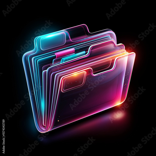 Neon glowing file folders icon on dark background representing digital data storage and organization in futuristic style