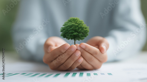 A person gently cups a small, vibrant tree in their hands, symbolizing environmental conservation, growth, and sustainable development, with a blurred graph in the foreground.